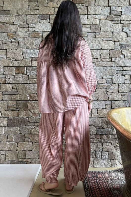 Arbi Gingham Peasant Smock Blouse Indian Red